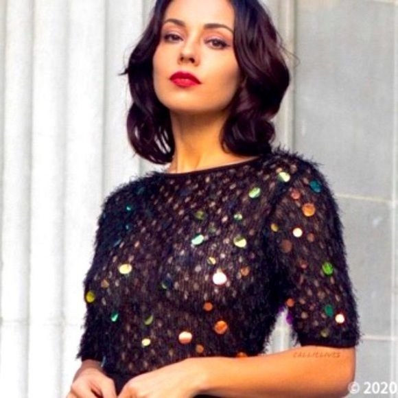 Callie Coin: Feathered Sequin Furry Knit Jumpsuit S M L - Picture 6 of 17